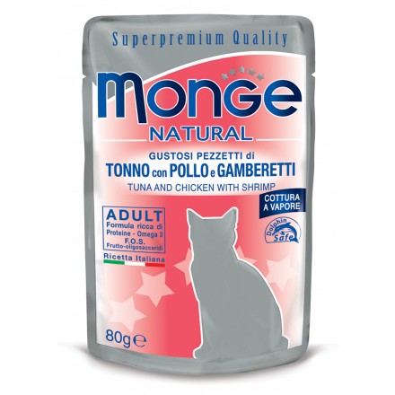 Monge Natural Gustosi pezzetti di Tonno con Pollo e Gamberetti 80g
