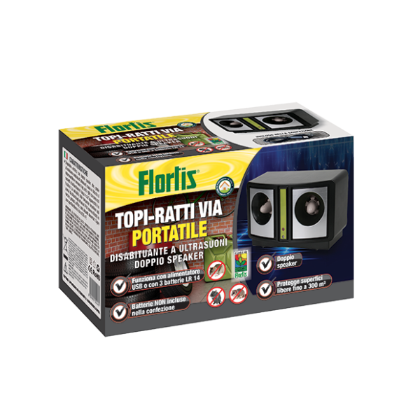 Disabituante ad ultrasuoni Topi-Ratti portatile a batteria, con doppio speaker